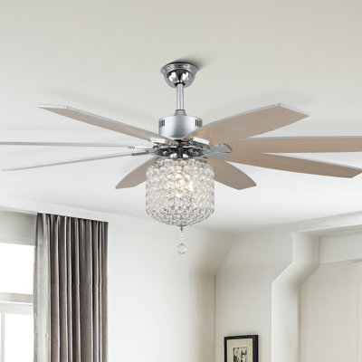 65" Large Vintage Crystal Ceiling Fan with Lught and Remote Chorme Finish, 8 Wood Blades Quiet DC Motor 6 Speeds