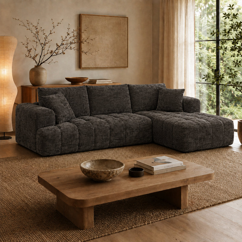 Canapé modulaire rembourré en L 3 pièces avec deux coussins Classic, Orienté à droite, Chenille brun
