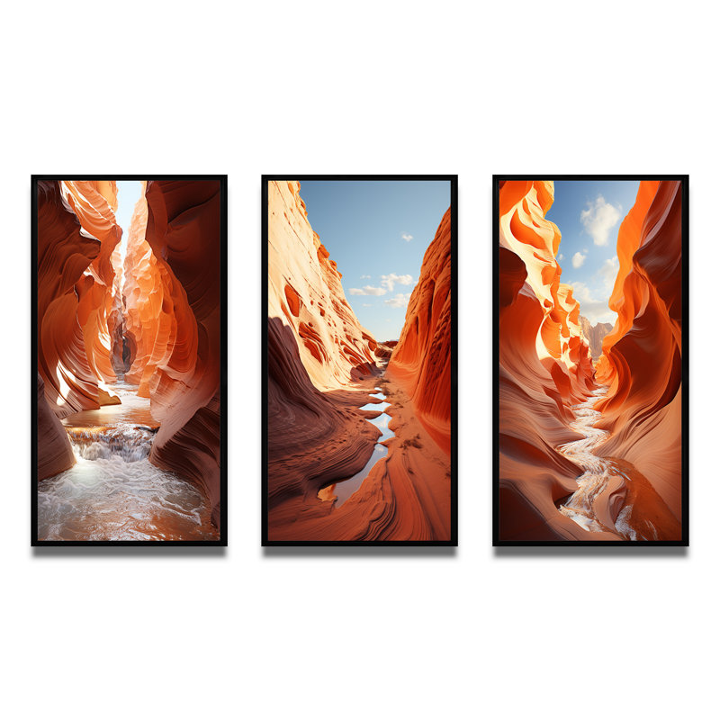 «Beige Orange Canyon Mirage», 3 pièces sur toile, Cadre noir, H 28 po x l 36 po