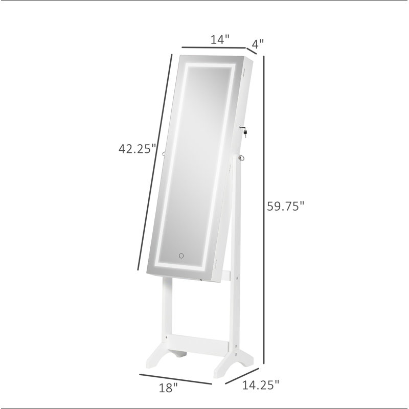Armoire à bijoux sur pied avec éclairage à DEL, organisateur de bijoux verrouillable avec miroir pleine longueur et 4 angles réglables, blanc