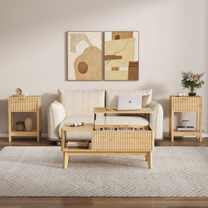 Ensemble de 2 tables basses, tables de bout et tables d'appoint avec station de charge, table basse à plateau relevable avec rangement, conception cannelée, ensemble de tables d'appoint en bois avec tiroir et tablette ouverte pour chambre à coucher, mobilier de salon, nature