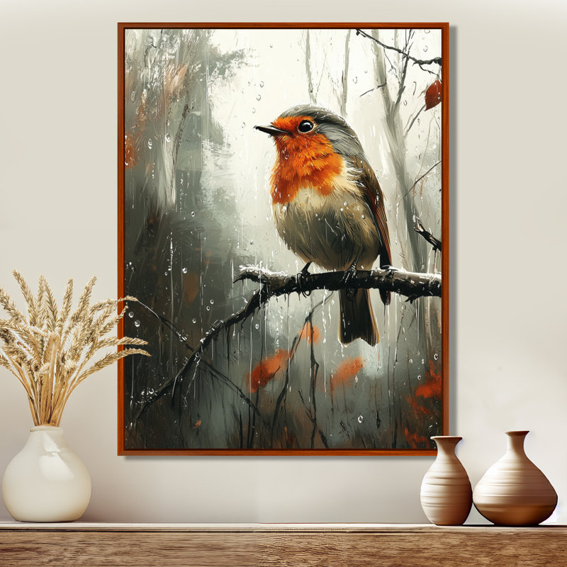 «Lachance Robin Bird In The Forest Rain I», reproduction d'art sur toile encadrée, H 40 po x l 30 po, Brun