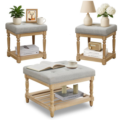 Ensemble de 3 tables basses et table de bout en lin avec rangement Gladis