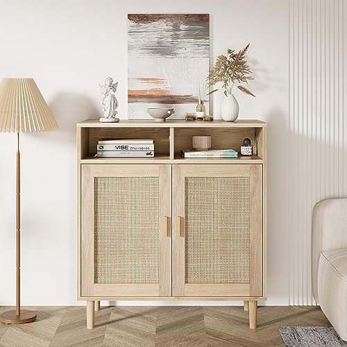 Rattan Sideboard Buffet Cabinets, Sideboard Cabinets with 2 Doors, Modern Accent Storage Console Tables, 1 pc