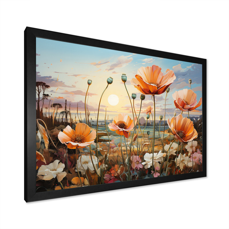 «Peach Sunkissed Petals Wildflowers III», reproduction d'art sur toile, H 30 po x l 40 po x P 1,5 po, Cadre simple noir