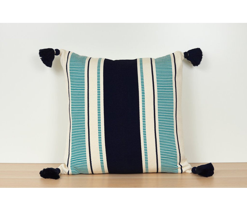Cabana Square Cotton Pillow Cover and Insert, Navy/Peacock