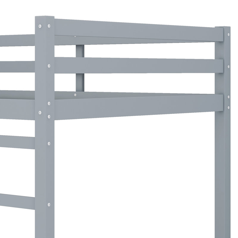 Structure de lit en bois massif avec échelle, support en lattes de bois, Gris