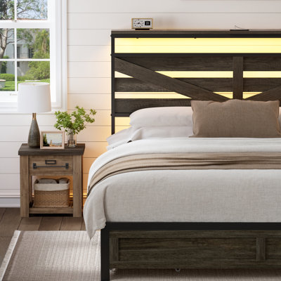 Antioch Bed Frame with 4 Drawers & Storage Headboard, Stable Bed with LED Light & Charging Station, No Box Spring Needed