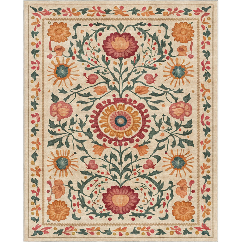 Apollo Suzani Beige and Red Floral Flat-Weave Area Rug