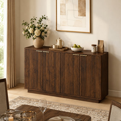 Buffet 55 po à lattes cannelées avec rangement, crédence moderne avec tablettes réglables, console de table basse en bois pour la salle à manger, la cuisine, le vestibule et le vestibule