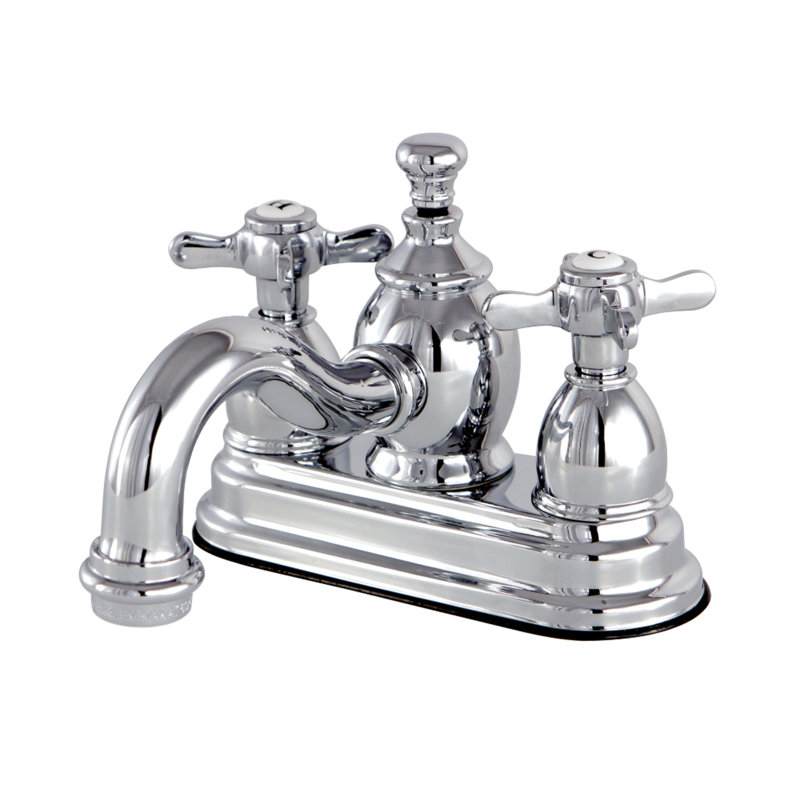Kingston Brass Essex Two-Handle 3-Hole Deck Mount 4" Centerset Bathroom Faucet with Brass Pop-Up, Polished Chrome