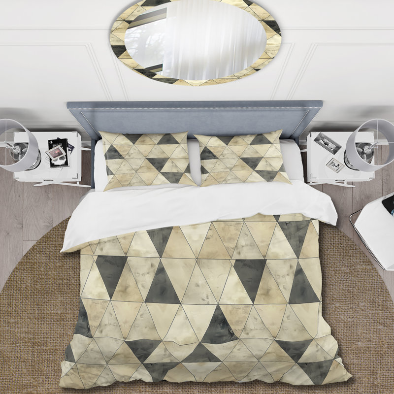 Ensemble de housse de couette Mid-Century brun à motif de triangles IV, Housse de couette très grand + 2 taies décorativ