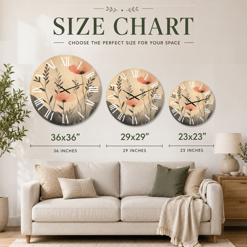 Horloge murale ronde bohème grand format « Coquelicots corail et sommets », imprimée sur bois, Très grand