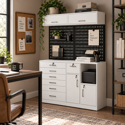 Armoire de rangement verrouillable de 78,7 pouces avec panneau perforé, tiroirs et armoires supérieures