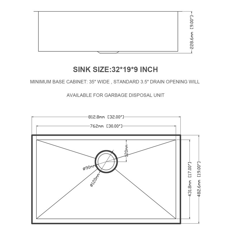 32"X19" Undermount 18 Gauge Stainless Steel Kitchen Sink