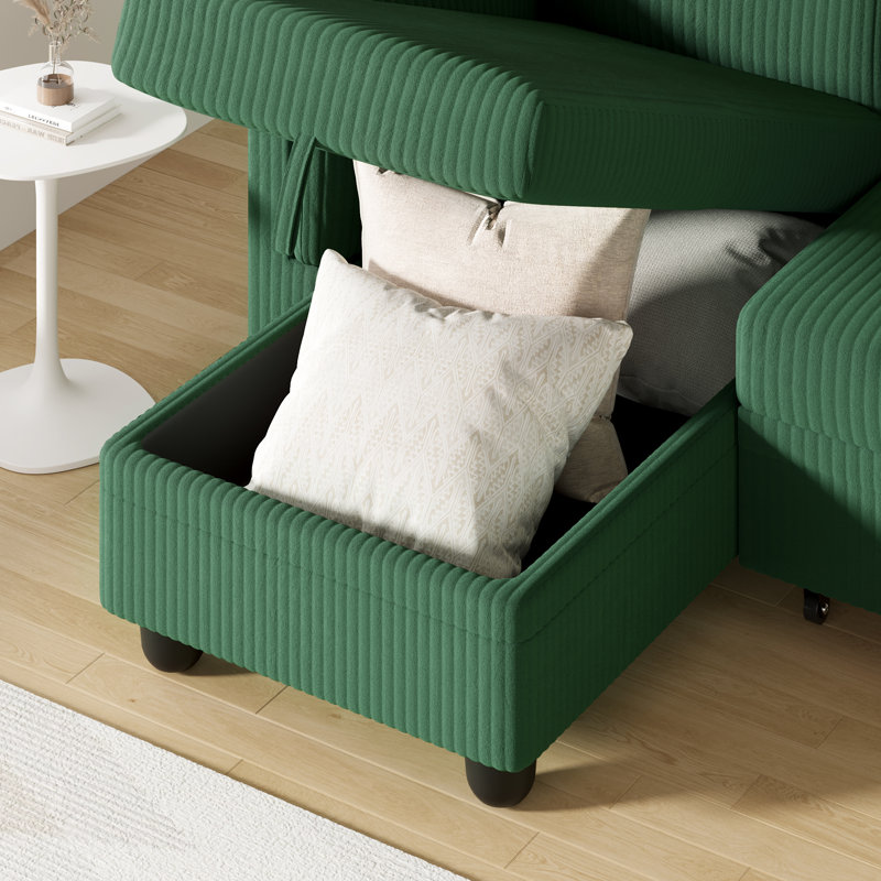 Canapé-lit en forme de L 79 po avec 2 sacs de rangement latéraux, Velours côtelé vert