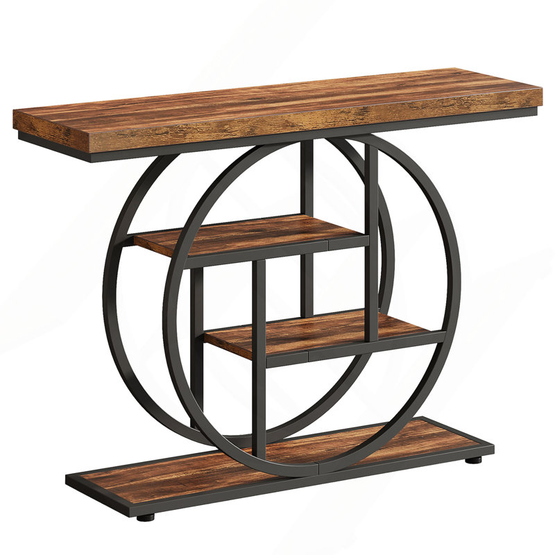 41.3" Industrial Console Table, 4-Tier Rustic Brown Sofa Table With Unique Circle Metal Frame & Storage Shelves, Narrow Entryway Accent Table For Living Room, Hallway, Foyer