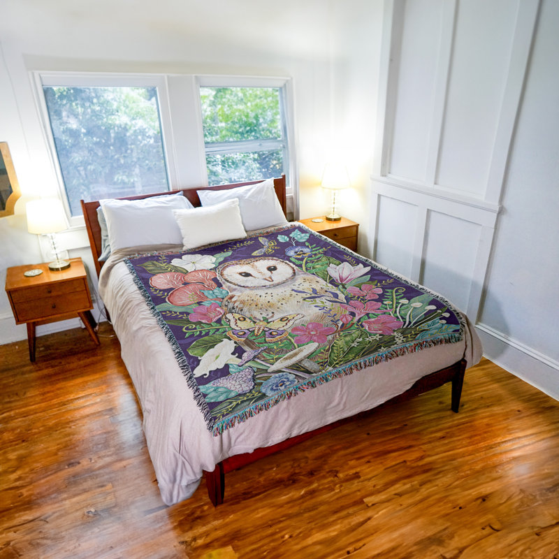 Jeté en coton Pure Country Weavers, Chouette effraie et fleurs de champignon