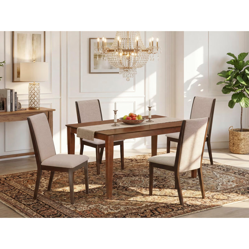 L'ensemble de 5 tables de cuisine pour 4 personnes comprend une table de salle à manger rectangulaire et 4 chaises Parson rembourrées en lin brun clair et acajou