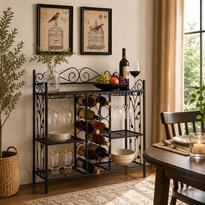 Console en métal pour 12 bouteilles de vin, armoire à boissons alcoolisées avec support en verre, table de canapé avec tablettes de rangement pour bar, buffet, salon
