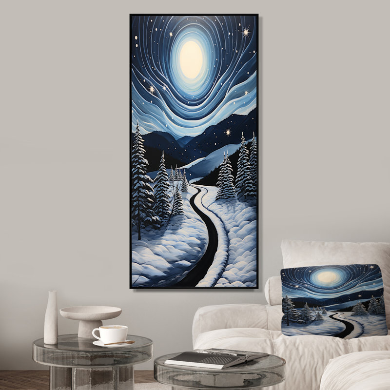 «Frosty Pathway Road Into Winter's Embrace I» - art mural, Cadre flottant noir, H 60 po x l 28 po x P 1,5 po