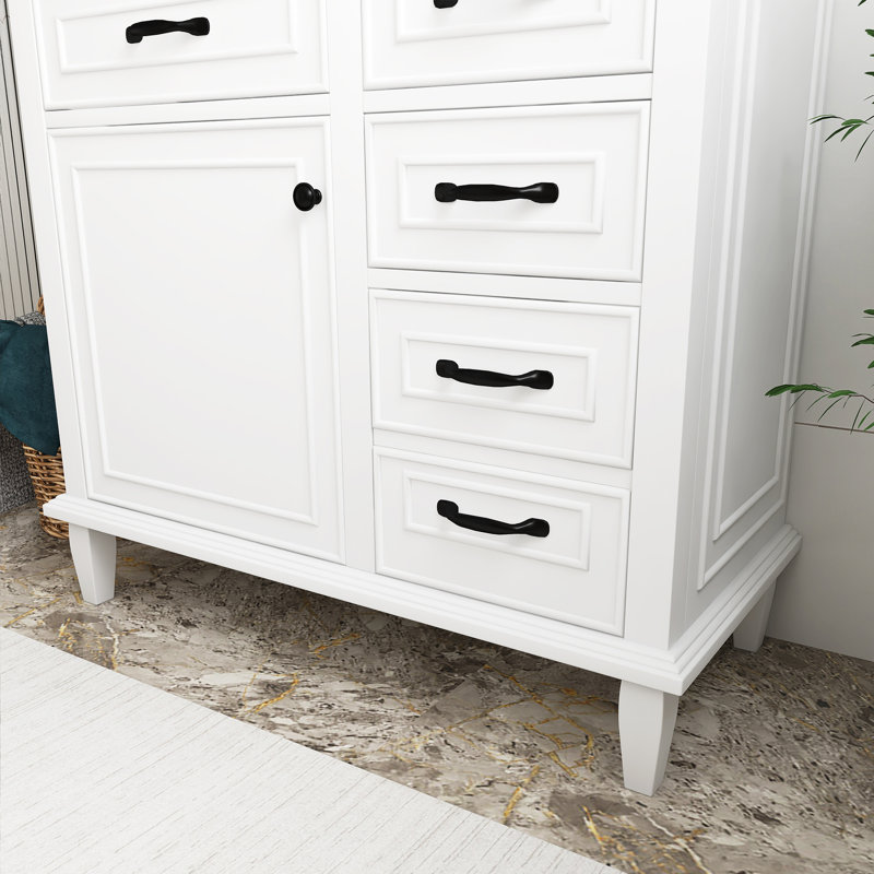 Meuble-lavabo de 36 po en MDF blanc avec comptoir en céramique, 2 tiroirs rabattables et 2 tiroirs standard, armoire de rangement autoportante à tablette réglable