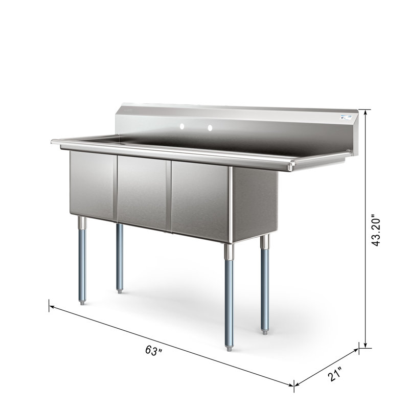 63 in Three Compartment Sink, Bowl Size 15x15x14, Stainless-Steel 16 Gauge with Right Drainboard