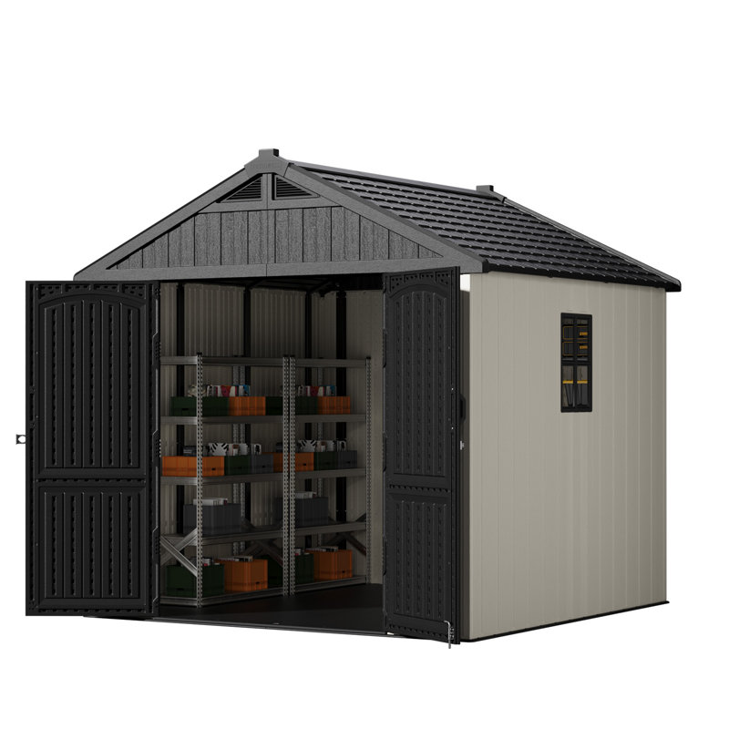 8 Ft. W X 8 Ft. D Plastic Storage Shed With Floor, Resin Shed With Reinforced Steel Structure, Beige