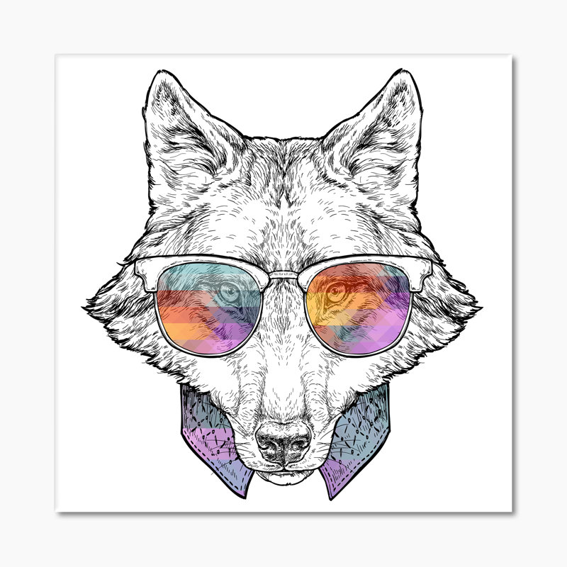 «Colorful Portrait Wolf Glasses - Art mural pour enfants, art sur toile», H 36 po x l 36 po x P 1,5 po, Toile tendue