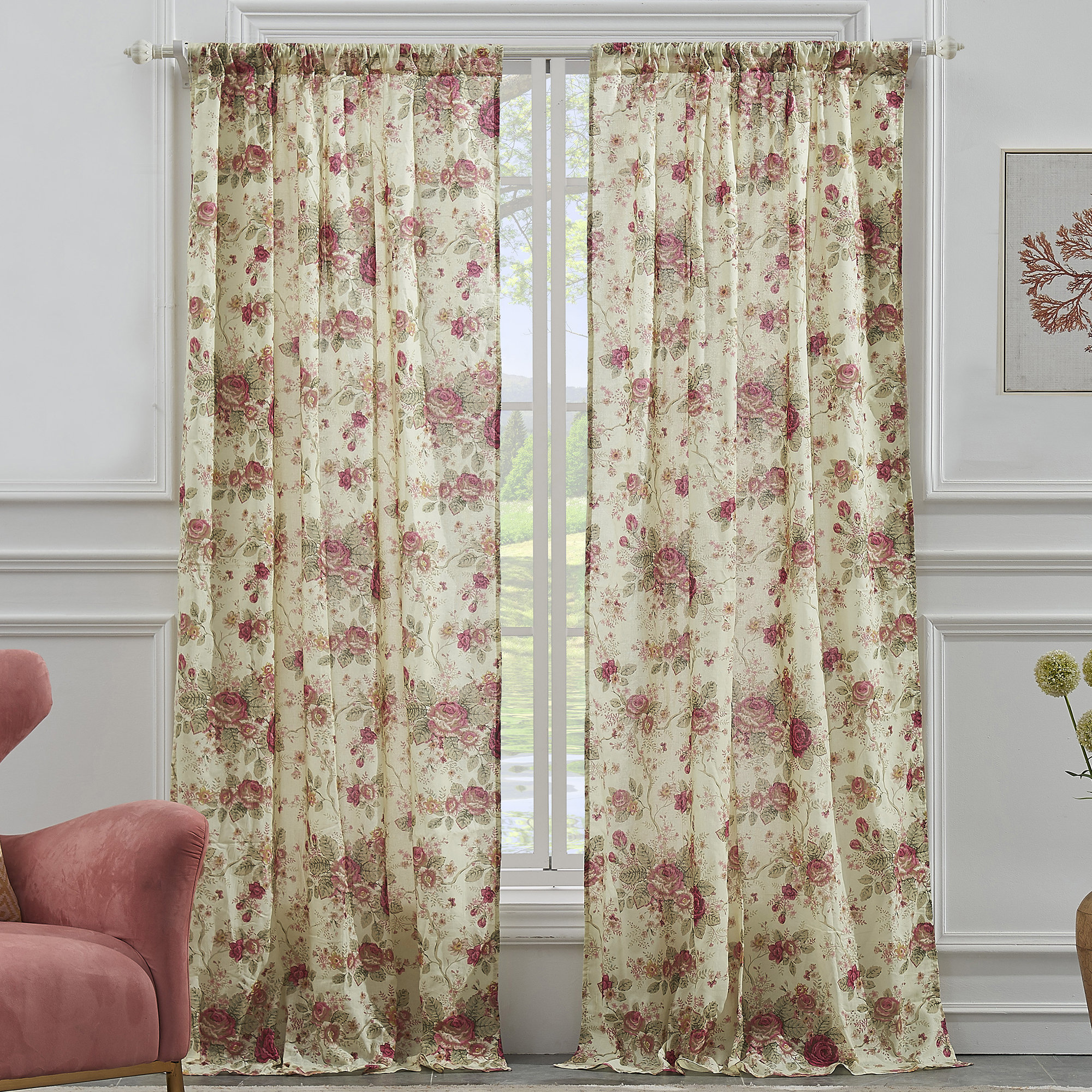 Antique Rose Nature/Floral Sheer Rod Pocket Curtain Panels, Ecru