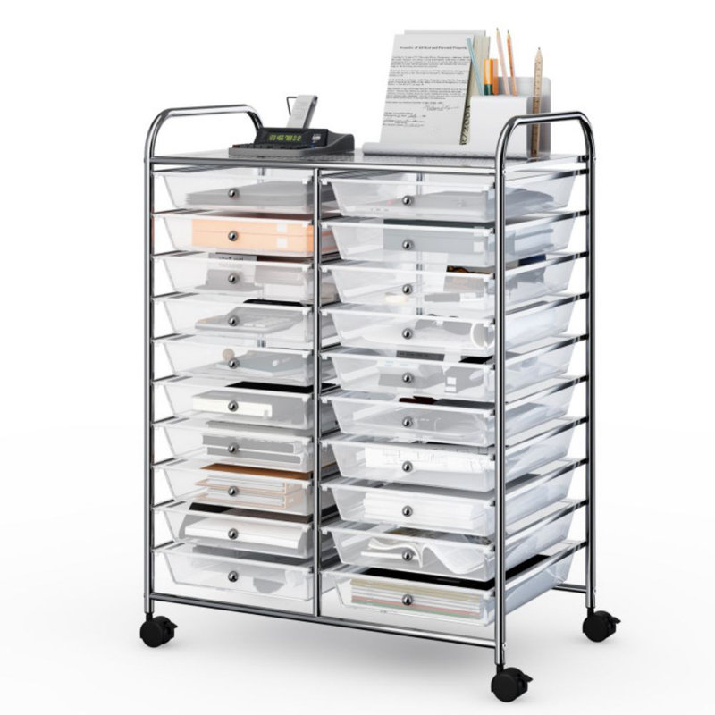 Clear 20-Drawer Rolling Organizer Cart with Chrome Frame