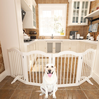 27.6" High Solid Wood Pet Gate, 4 Panels Foldable Fence, For Kitchens, Halls, Doorways. Tall Wooden Bedrooms, Staircases. Enhances Being