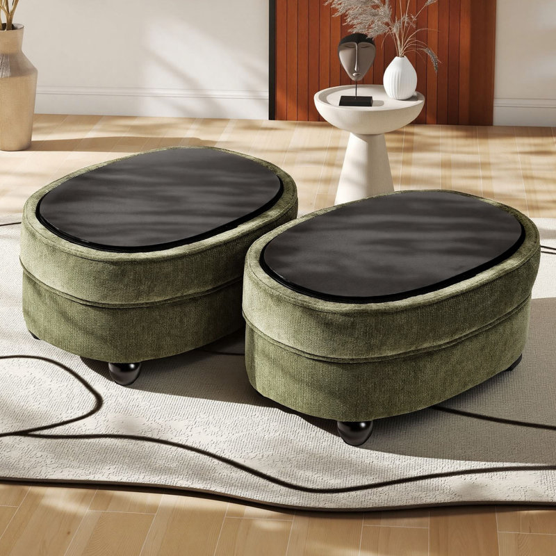 Repose-pieds ovale 30 po en chenille avec pieds ronds en bois massif (ensemble de 2), Vert