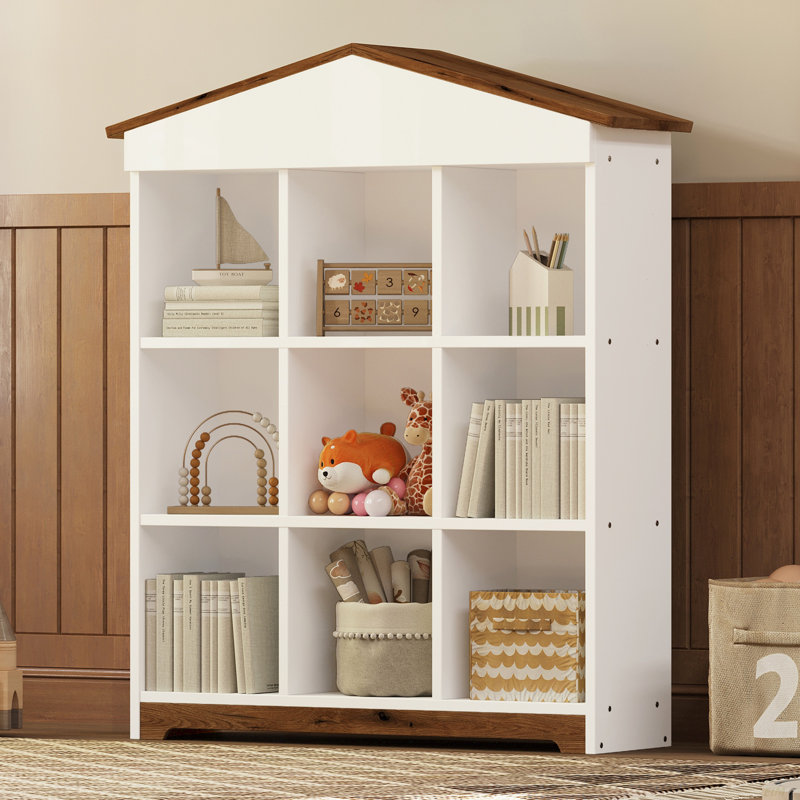 House-Shaped Storage Rack With Nine Storage Compartments, Three-Layer Bookshelf  With Colorblock Design (Bookshelf)