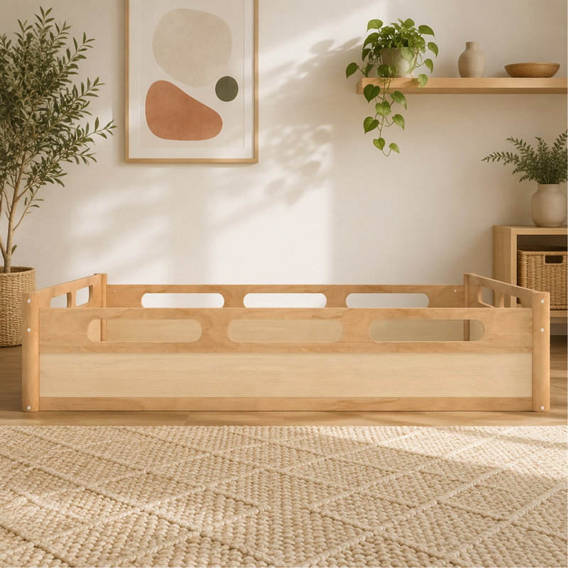 Lit plateforme grand format avec garde-corps pleine longueur, base de lit grand profil bas, aucun sommier tapissier requis, naturel