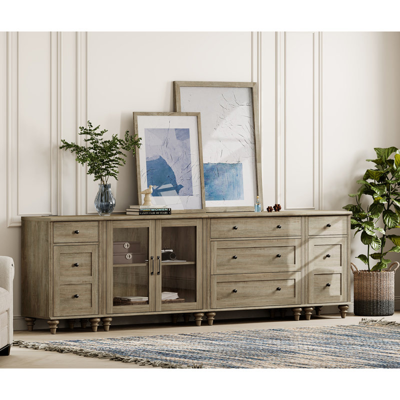 Scarlett Large TV Stand For 85 Inch TV, LED TV Console Table For 85 Inch TV, Entertainment Center With Charging Station&Glass Door, Kitchen Sideboard Buffet Cabinet For Dining Room