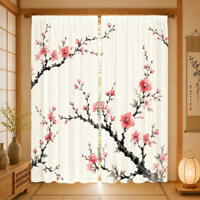 2Pcs Cherry Blossom Curtains, Light Filtering Fabric, Watercolor Floral Print Pattern, Sunshade and Privacy Protection, Rod-Pocket Design, Suitable for Living Room, Bedroom, Balcony, Kitchen Home Decoration