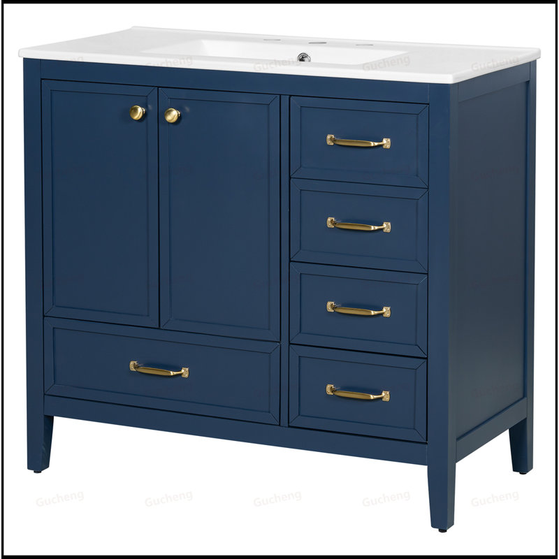 36"Solid Wood Frame Bathroom Vanity With 4 Drawers, Navy