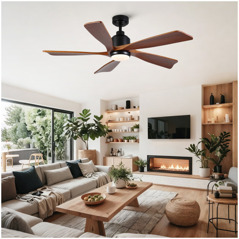 52 inch Modern Farmhouse Solid Wood Black Ceiling Fan with Light, Quiet DC Motor