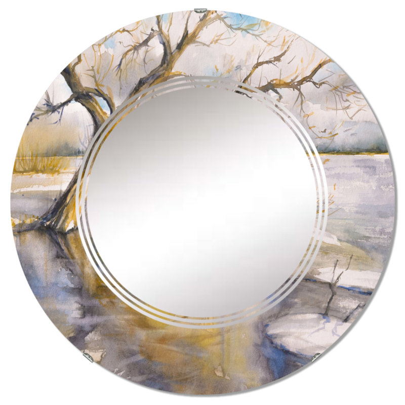 Arbre près de la rivière - miroir mural rond Lake House, 24 po x 24 po