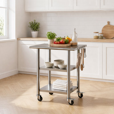 Table de travail en acier inoxydable de l 30 po x P 24 po, table de préparation commerciale avec 2 tablettes et roulettes, poste de travail utilitaire robuste pour le garage de la maison, argent