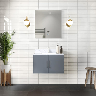Dark Grey Vanity With Marble Top And 30 In. Led Mirror - Scratch Stain Resistance, Soft Close Cabinet Unit Protected Surface,