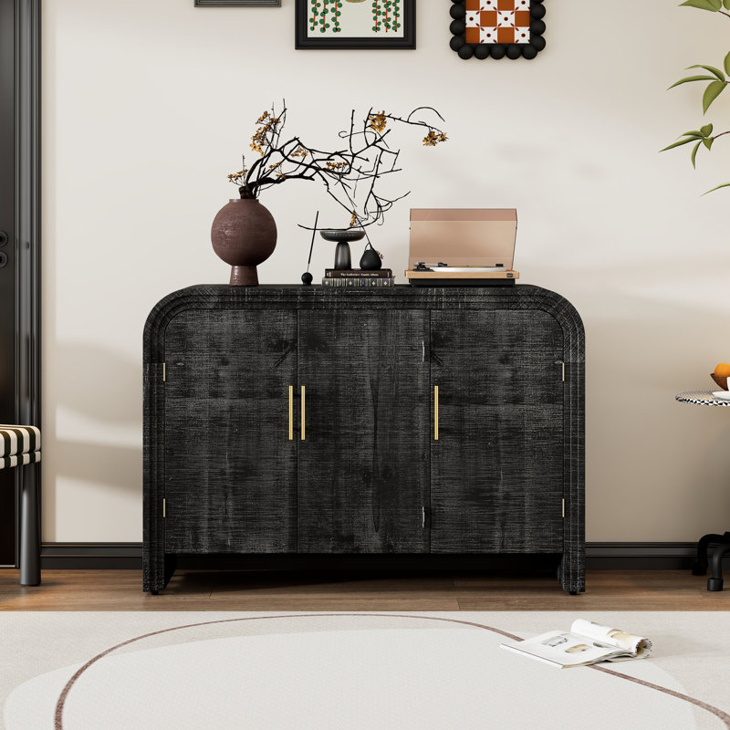 Retro Minimalist Curved Sideboard with Gold Handles and Adjustable Dividers, Antique Black