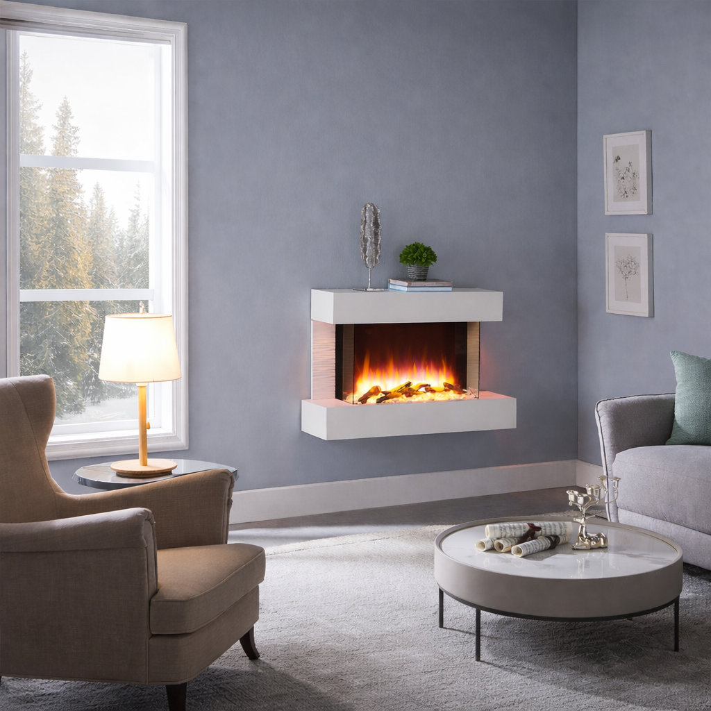 FLAMME Kingston Wall Mounted Electric Fireplace White with 3 Flame Colours and 13 Mood Lighting Options 1.8kW heater