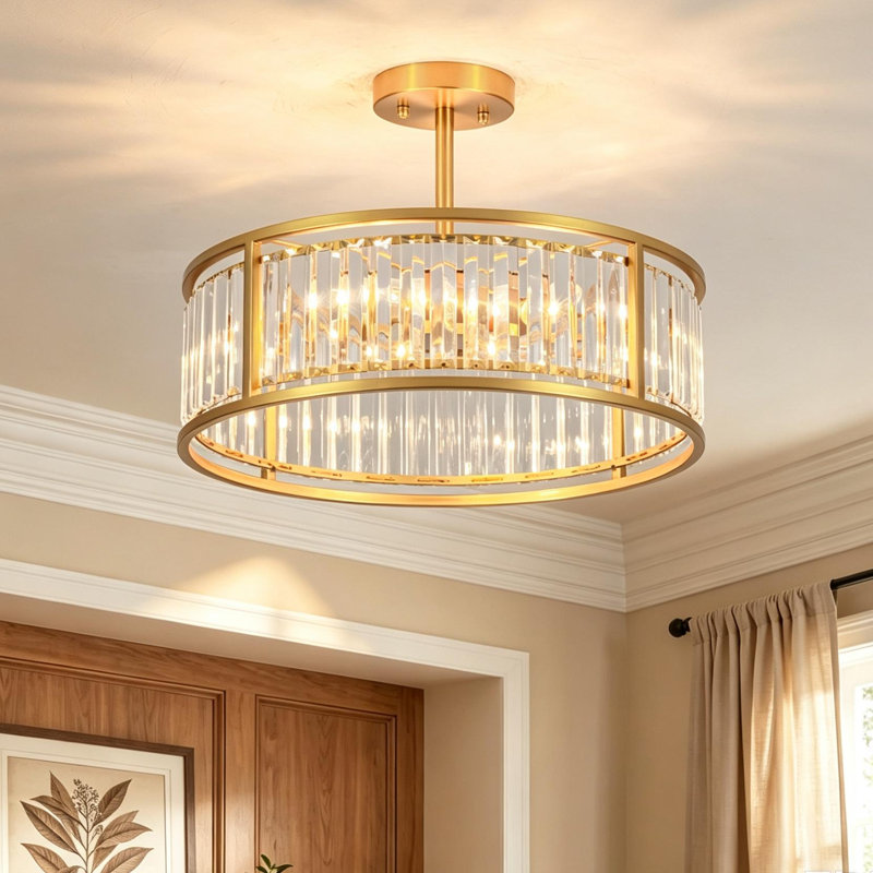 Plafonnier Elonso à 4 lumières en cristal cylindrique, Doré