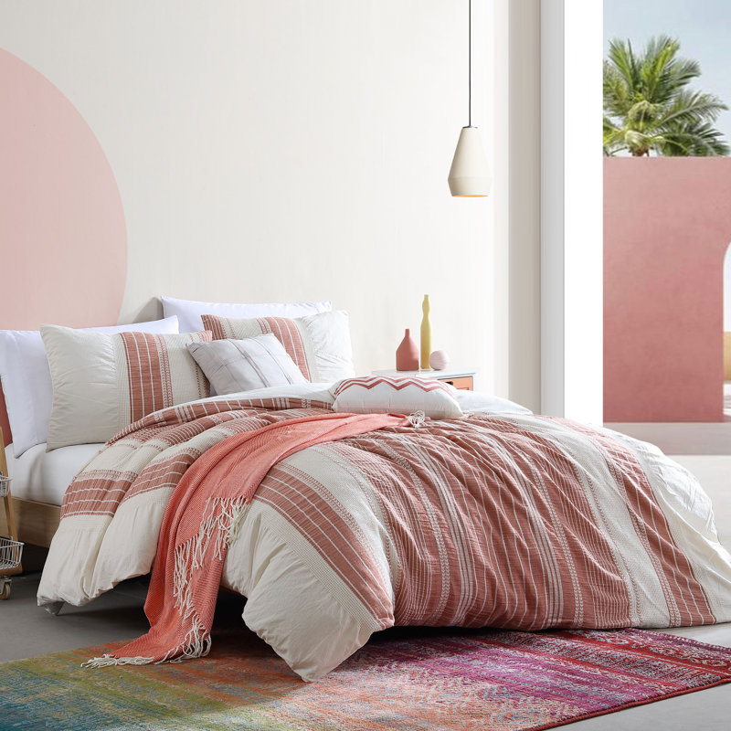 Ensemble d'édredon 100% coton jacquard à rayures 3 pièces, Édredon double + 2 taies décoratives standards, Rouge