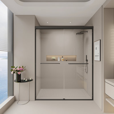56-60 In. W X 72 In. H Double Sliding Shower Door, Semi-Frameless Bypass Bathroom Sliding Door With 1/4" (6Mm) Tempered Glass For Walk-In Shower, Matte Black 24D03-60MBX