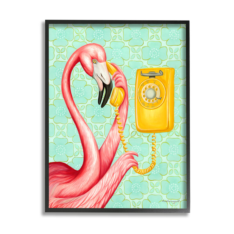 " Flamingo Using Retro Telephone Patterned Flower Motif " by Amelie Legault, 11" W x 14" H, Black Framed