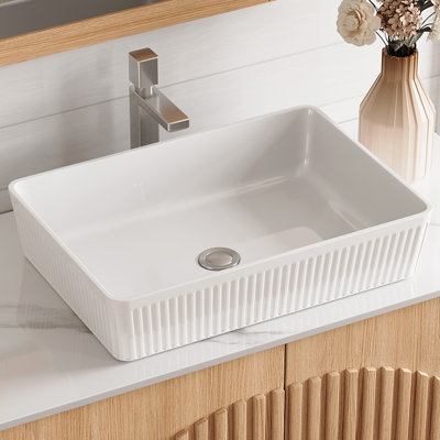 19.88" Modern Fluted Rectangular Vessel Sink, White Premium Ceramic Bathroom Sink
