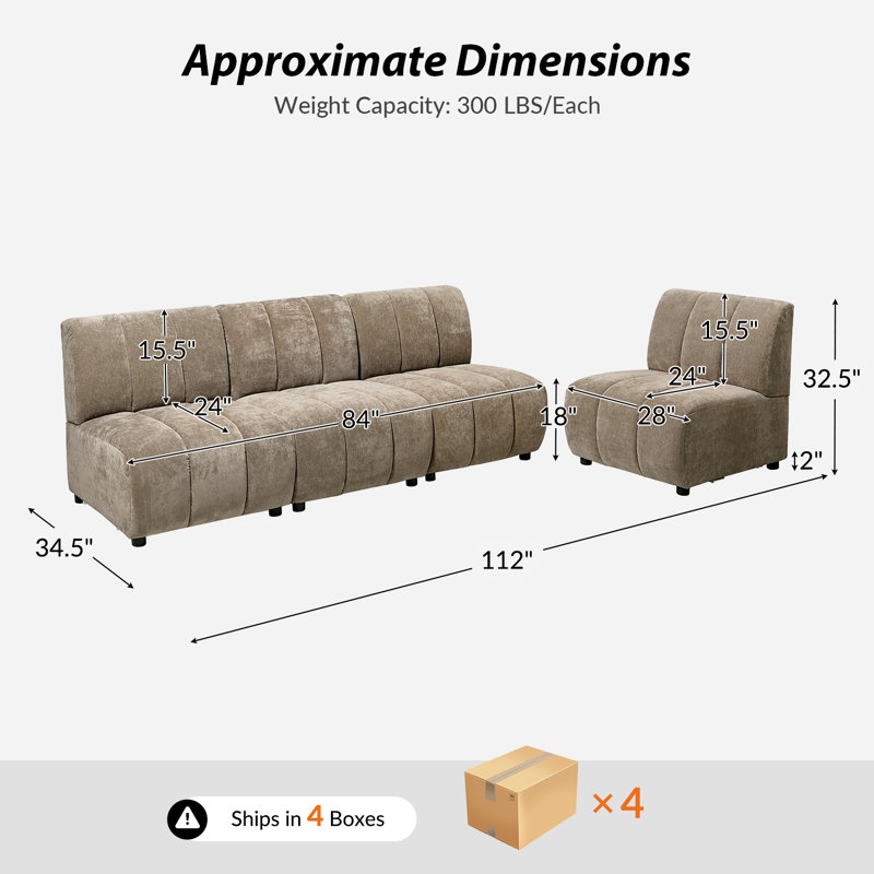 Ensemble de canapé modulaire en chenille 4 pièces 112 po Shalon, Selle de cuir